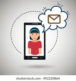 cartoon woman smartphone cloud email