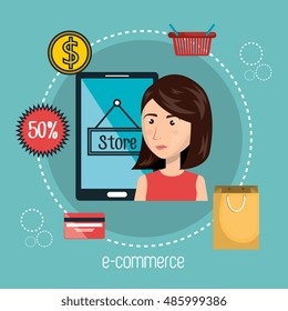 cartoon woman smartphone e-commerce isolated design