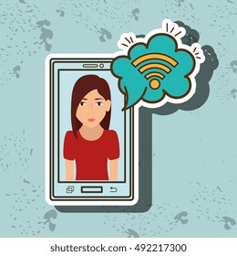 cartoon woman smartphone wifi cloud