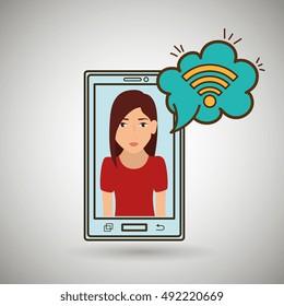 cartoon woman smartphone wifi cloud