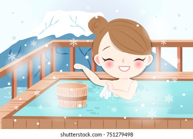 cartoon woman smile and enjoy with hot spring