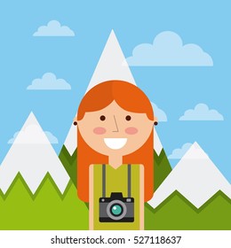 cartoon woman smiling with camera device around her neck over mountains landscape. colorful design. vector illustration