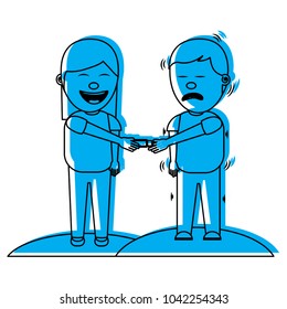 cartoon woman smiling and joke shocking man fools