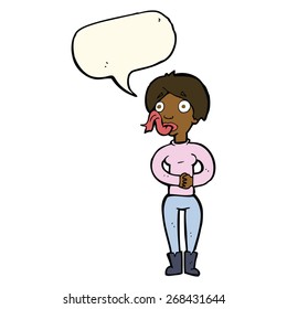 cartoon woman with snake tongue with speech bubble