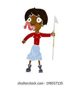 cartoon woman with spear sticking out tongue