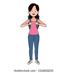 cartoon woman standing with a backpack icon over white background, colorful design. vector illustration