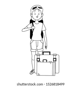 cartoon woman standing with backpack and travel suitcases icon over white background, vector illustration