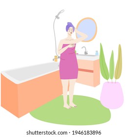 cartoon woman standing in the bathroom. bathroom interior. stock vector flat illustration isolated on white background.