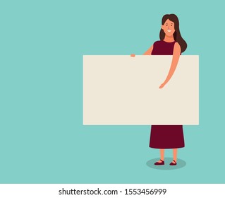 cartoon woman standing with blank poster over turquoise background, colorful design. vector illustration