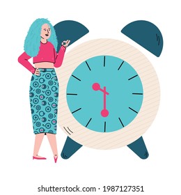 Cartoon woman standing by giant clock counting time - flat isolated vector illustration of girl looking at alarm clock and smiling. Flat isolated vector illustration.