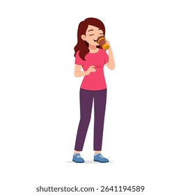 Cartoon woman standing drinking from takeaway cup with eyes closed enjoying the beverage