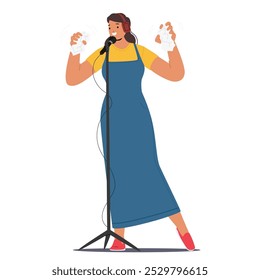 Cartoon Woman Is Standing In Front Of A Microphone With Headphones On, Holding Crumpled Paper In Both Hands, Performing Sound Effects Or Recording Asmr, Autonomous Sensory Meridian Response Sounds