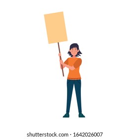 cartoon woman standing holding a blank banner over white background, colorful design, vector illustration