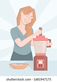 A cartoon woman is standing in the kitchen next to a blender. Makes healthy food (smoothies, porridge, oatmeal) from fruits and vegetables. Healthy lifestyle, veggie, detox.