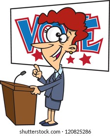 cartoon woman standing at a podium with a vote sign behind her