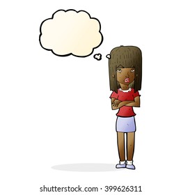 cartoon woman standing with thought bubble