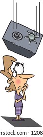 cartoon woman standing under a falling safe