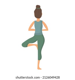 Cartoon woman standing in vrksasana posture vector flat illustration. Active female in tree pose on white. Girl exercising enjoying healthy lifestyle