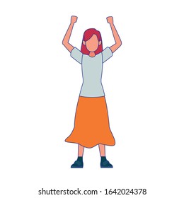 cartoon woman standing wearing long skirt over white background, colorful design, vector illustration