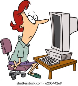 cartoon woman staring blankly at her computer