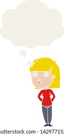 cartoon woman staring with thought bubble in retro style