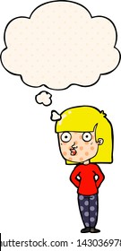 cartoon woman staring with thought bubble in comic book style