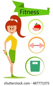 Cartoon woman stretching and three fitness icons.