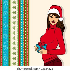 Cartoon woman in suit Snow Maiden with gift. Vector