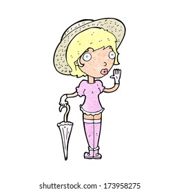cartoon woman in summer hat waving