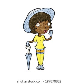 cartoon woman in summer hat waving