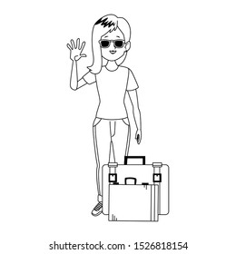 cartoon woman with sunglasses and standing with travel suitcases icon over white background, vector illustration