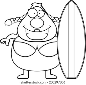 A cartoon woman with a surfboard.