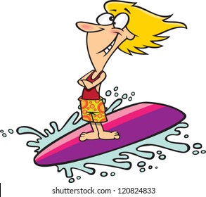 cartoon woman surfing on a surf board