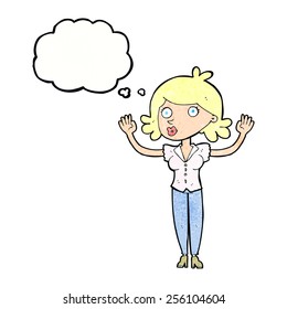 cartoon woman surrendering with thought bubble