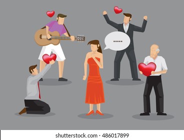 Cartoon woman surrounded by many suitors, young and old, professing love. Vector illustration isolated on grey background.