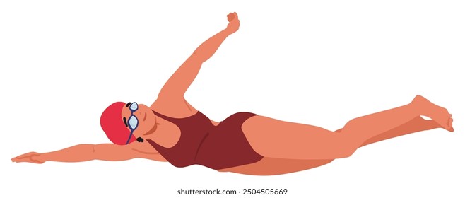 Cartoon Frau schwimmen Backstroke in einem roten Badeanzug und Badekappe. Vektorbild zeigt Fitness, Sport und Bewegung. Ideal für Konzepte rund um Schwimmen, Bewegung, Gesundheit und sportliche Leistung