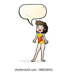 cartoon woman in swimming costume with speech bubble