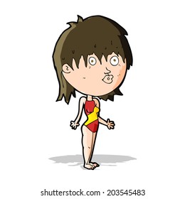 cartoon woman in swimsuit shrugging shoulders