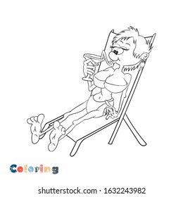 A cartoon woman in a swimsuit sits on a beach chair and drinks a cocktail from a glass. Vector illustration in the form of coloring