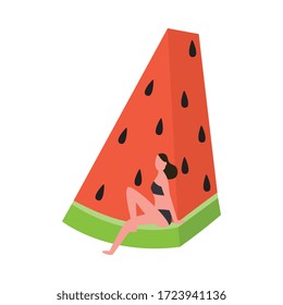 Cartoon woman in swimsuit sitting on giant watermelon piece rind - girl in underwear with big fruit slice isolated on white background. Flat vector illustration.