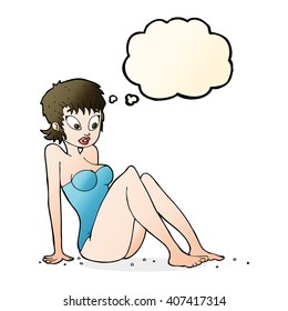 cartoon woman in swimsuit with thought bubble
