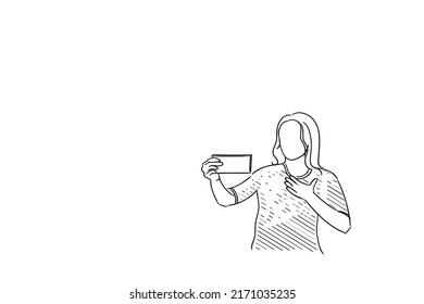 Cartoon woman take selfie. Concept of video call. Vector illustration design.