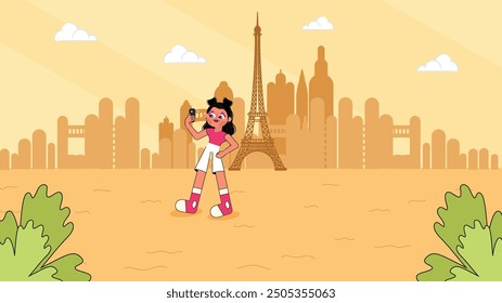 Cartoon woman taking a selfie with the Eiffel Tower in the background, symbolizing travel, tourism, and capturing memorable moments. Concept of vacation and exploration.

