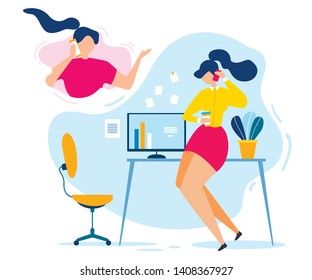 Cartoon Woman Talk on Mobile Phone. Friend Conversation Vector Illustration. Female Office Worker Coffee Break. Smartphone Chatting Girl. Friendship Gossip. Relaxation at Workplace Room