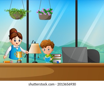 Cartoon a woman teach students at home