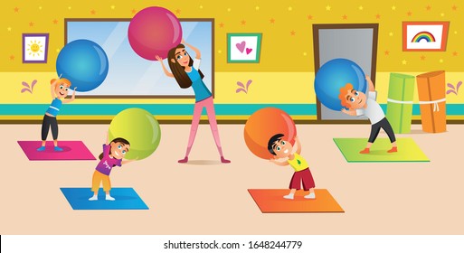 Mujer caricaturista enseñando a los niños se estira con la ilustración del vector de bolas de gimnasia. Ejercicio De Yoga De Pilates. Instructor Deportivo Enseña a los Niños. Muchacha en ropa deportiva en sala de gimnasio