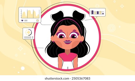 Cartoon woman in a tech-inspired circle interface with health metrics displayed. Concept of digital health monitoring.


