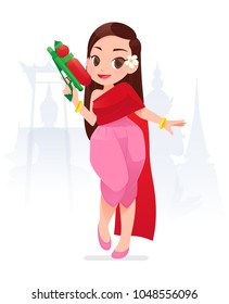 The cartoon woman in thai clothings is holding water gun, Songkran Festival, Culture in Thailand, Vector Illustration The cartoon woman in thai clothings is holding water gun, Songkran Festival, Culture in Thailand, Vector Illustration