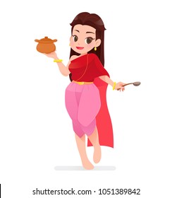 The cartoon woman in thai clothings is holding clay pots, Culture in Thailand, Female cook, Vector Illustration