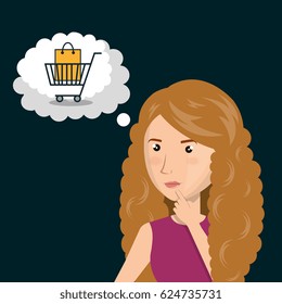 cartoon woman thinking e-commerce isolated design